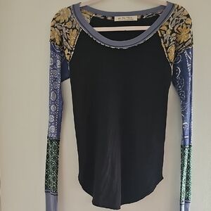 We The Free Black and Blue Floral Long Sleeve Top